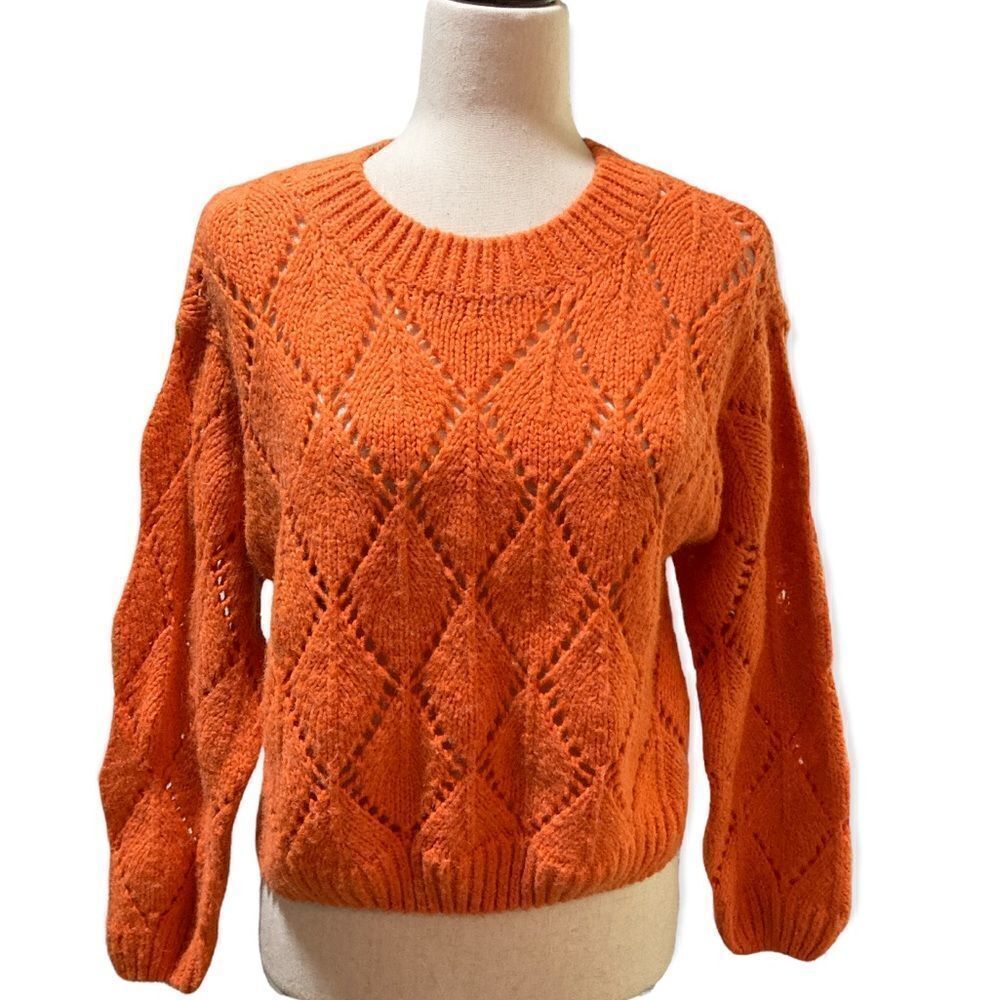 Moon River cropped orange oversized sweater loose crochet weave. Xs